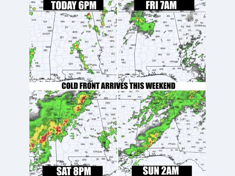 After 2 PM Today: Isolated Storms Develop Across Alabama Before Weekend Cold Front Brings Widespread Rain