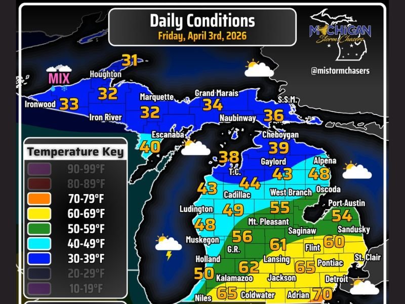 After 9 PM: Strong Storms Develop Across Southern Michigan While Upper Peninsula Stays in 30s With Freezing Rain Risk