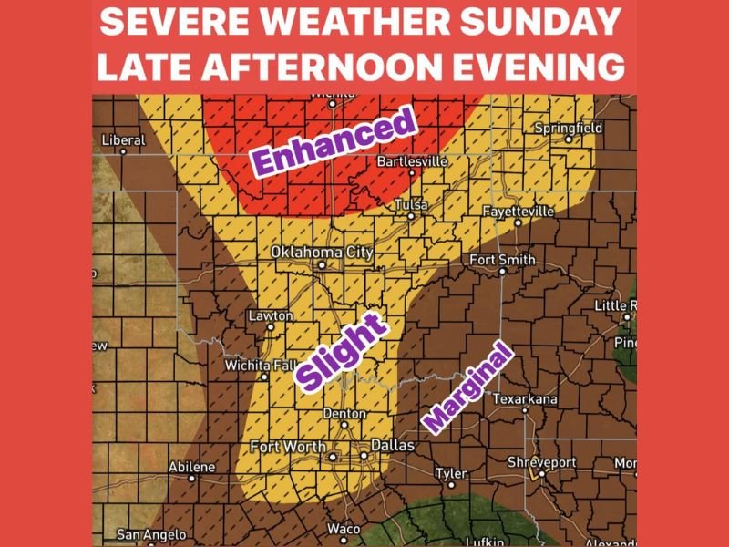 Conditional Severe Weather Risk This Sunday Evening Across Oklahoma and North Texas Including Tulsa, Oklahoma City, and Bartlesville From 5 PM to Midnight