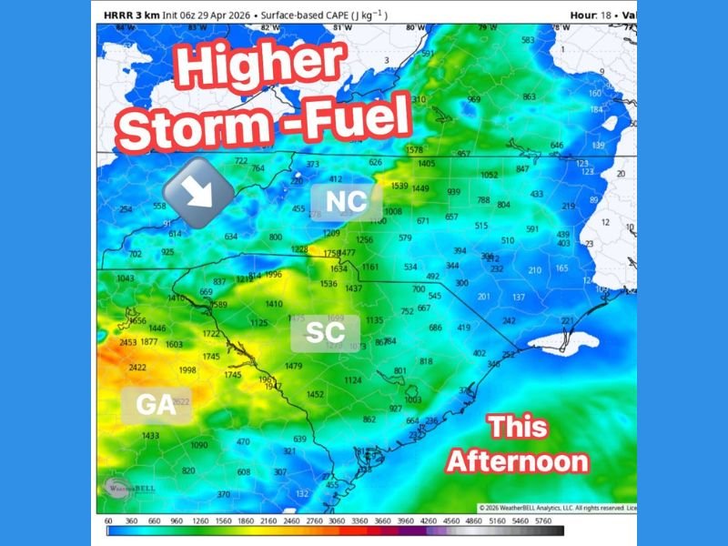 Damaging Wind Gusts, Hail, and Low Tornado Risk Possible Across the Carolinas and Georgia Including East of Charlotte This Wednesday Afternoon if Atmosphere Destabilizes