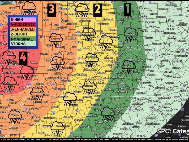 Damaging Winds, Large Hail, and Tornado Threat Targeting Kentucky and Indiana Including Louisville and Evansville With Severe Weather Pushing East Through Today and Tonight