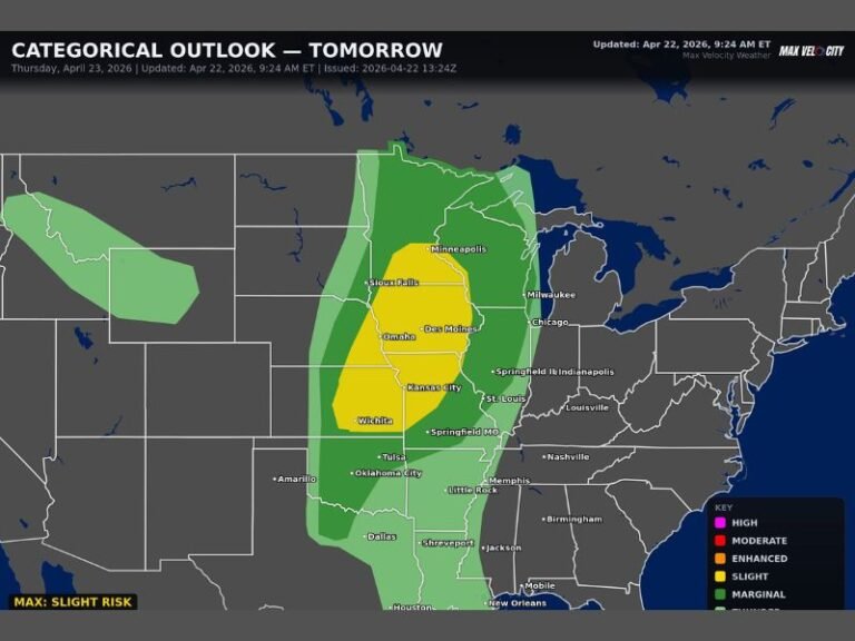 Damaging Winds, Large Hail, and Tornadoes Possible Across Wichita, Omaha, Kansas City, and Minneapolis Thursday April 23 as Slight Risk Covers Central US
