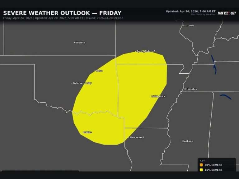 Damaging Winds, Large Hail, and Tornadoes Targeting Dallas, Little Rock, and Springfield Missouri Friday April 24 as Active Severe Weather Stretch Continues