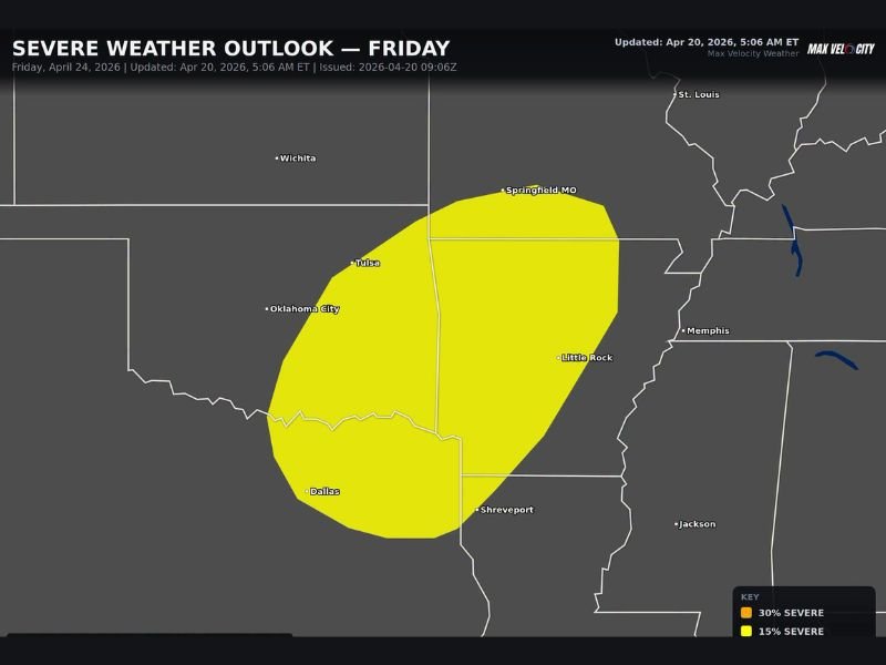 Damaging Winds, Large Hail, and Tornadoes Targeting Dallas, Little Rock, and Springfield Missouri Friday April 24 as Active Severe Weather Stretch Continues