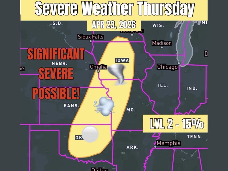 EF-2 Tornadoes, 2-Inch Hail, and 80 MPH Winds Threatening Iowa, Missouri, and Oklahoma Thursday April 23 With All Modes of Severe Weather Possible