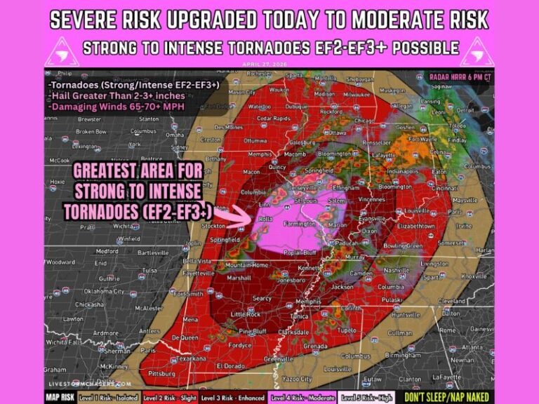 EF2 to EF3+ Tornadoes, 2 to 3 Inch Hail, and 70 MPH Winds Targeting Missouri and Illinois Including St. Louis and Springfield With Moderate Risk Upgraded Today