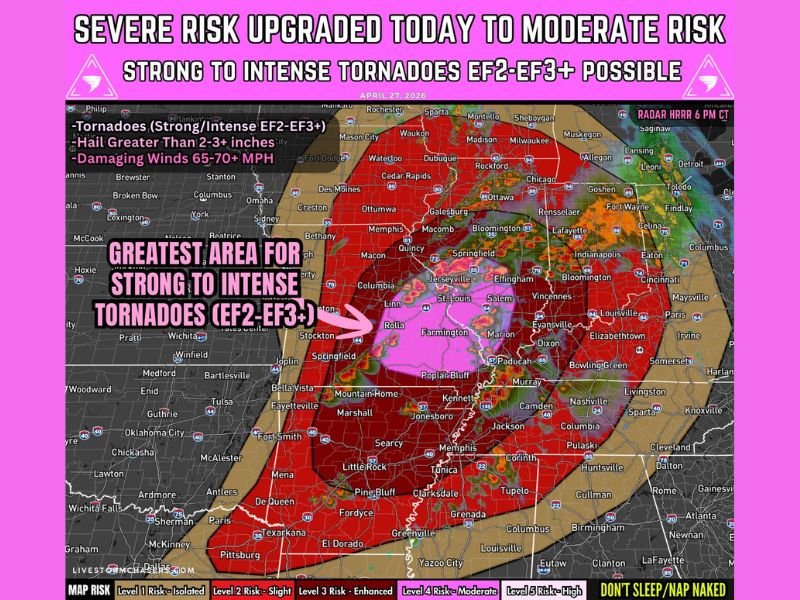 EF2 to EF3+ Tornadoes, 2 to 3 Inch Hail, and 70 MPH Winds Targeting Missouri and Illinois Including St. Louis and Springfield With Moderate Risk Upgraded Today