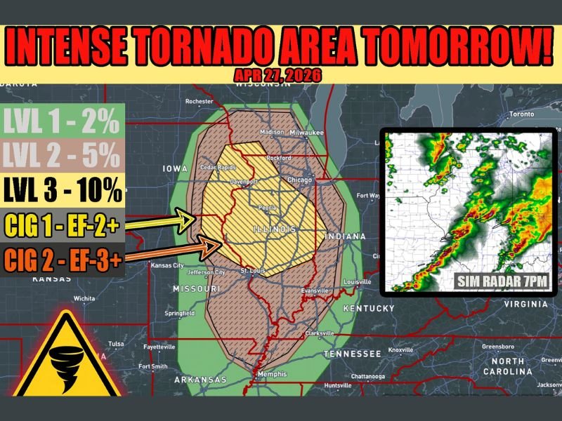 EF3+ Long-Track Tornadoes and Intense Tornado Outbreak Targeting Illinois Including Chicago, Peoria, and Springfield With Iowa and Missouri at Risk Monday Into Monday Night