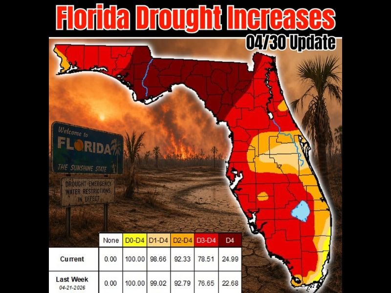 Florida Drought Worsens With 25 Percent of State Now in Exceptional D4 Drought and 100 Percent Under Some Level of Drought Conditions as of April 30 Update