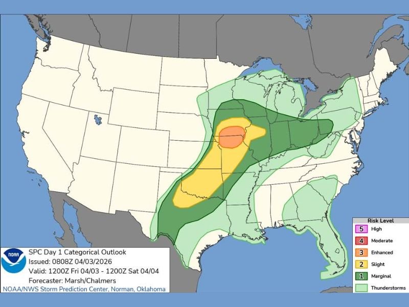 Friday: Severe Storm Risk Expands From Texas Through Oklahoma Into Midwest With Enhanced Zone Centered Over Central Plains