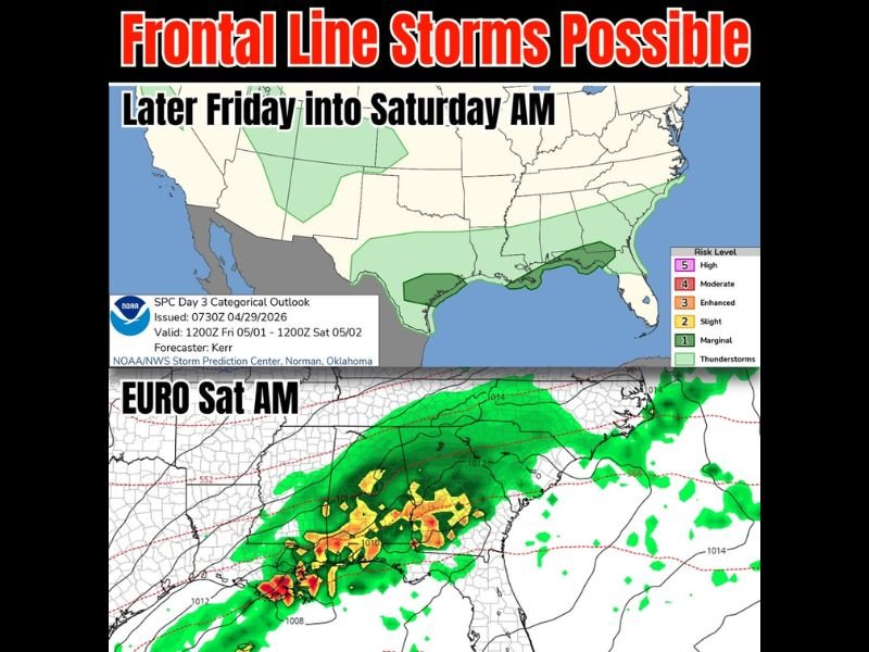 Frontal Line Storms With Tornado Mention Possible Across the Gulf Coast and Southeast Later Friday Into Saturday Morning With Marginal Risk in Place