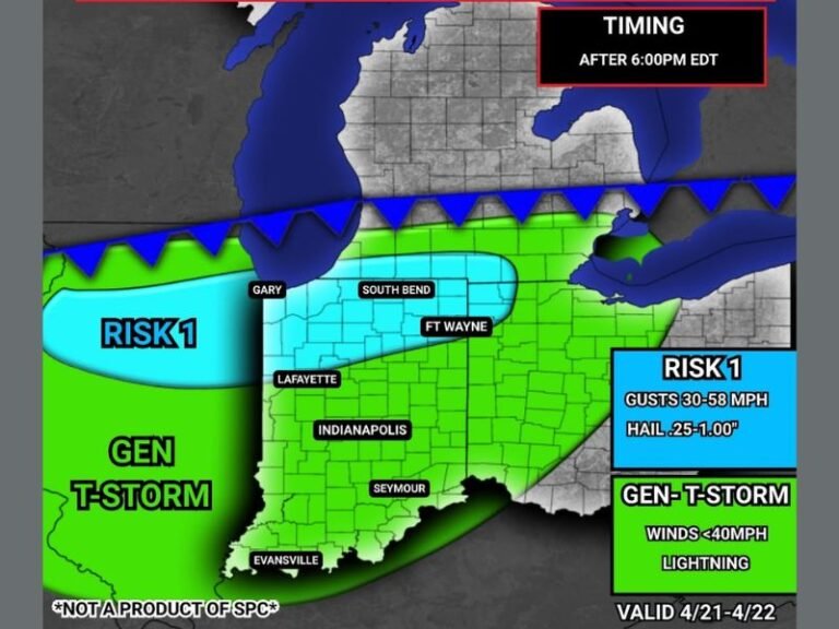 Gusty Winds and Small Hail Possible Across Northern Indiana Including Gary, South Bend, and Fort Wayne After 6 PM Tuesday With Risk Shifting South Overnight
