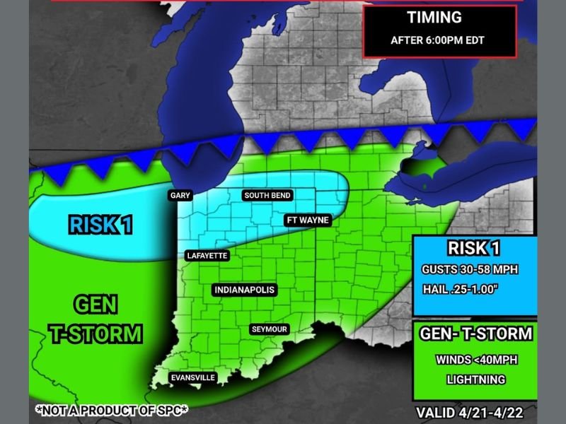 Gusty Winds and Small Hail Possible Across Northern Indiana Including Gary, South Bend, and Fort Wayne After 6 PM Tuesday With Risk Shifting South Overnight