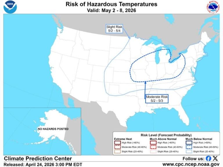 Hazardous Cold Temperatures With Highs More Than 8°F Below Average Threatening Michigan and the Great Lakes Region May 2 Through May 3 With Frost and Possible Snow by May 3