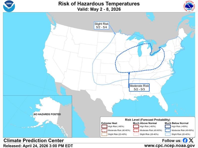 Hazardous Cold Temperatures With Highs More Than 8°F Below Average Threatening Michigan and the Great Lakes Region May 2 Through May 3 With Frost and Possible Snow by May 3