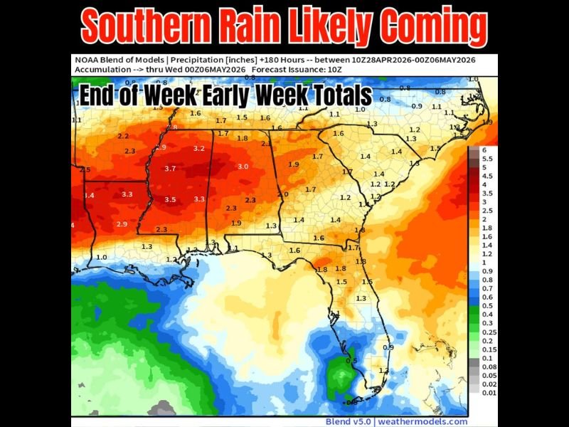 Heavy Rain Totals of 2 to 4 Inches Likely Across the South Including Mississippi, Alabama, and Tennessee Through Early Next Week With Lingering Frontal Pattern in Place