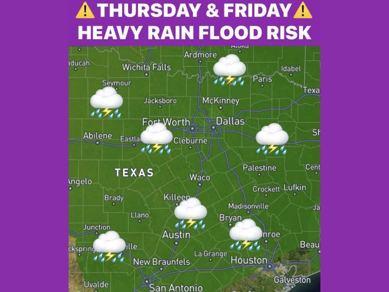 Heavy Rain and Isolated Flood Risk Targeting Texas Including Dallas, Fort Worth, Austin, and Houston Thursday Into Friday With 1 to 3 Inch Totals Expected
