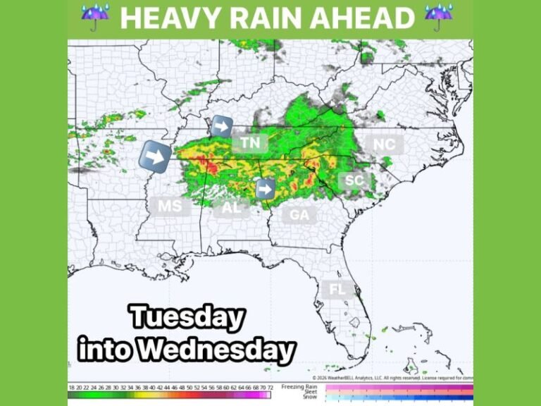 Heavy Rain of 1 to 3 Inches Expected Across the Southeast Including Alabama, Tennessee, and Georgia Tuesday Night Into Wednesday With a Second Round Friday Night