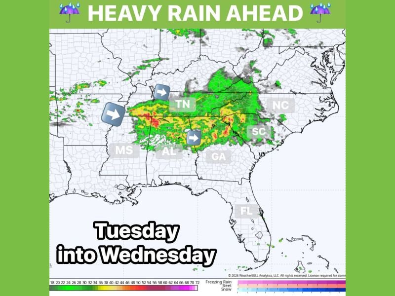 Heavy Rain of 1 to 3 Inches Expected Across the Southeast Including Alabama, Tennessee, and Georgia Tuesday Night Into Wednesday With a Second Round Friday Night