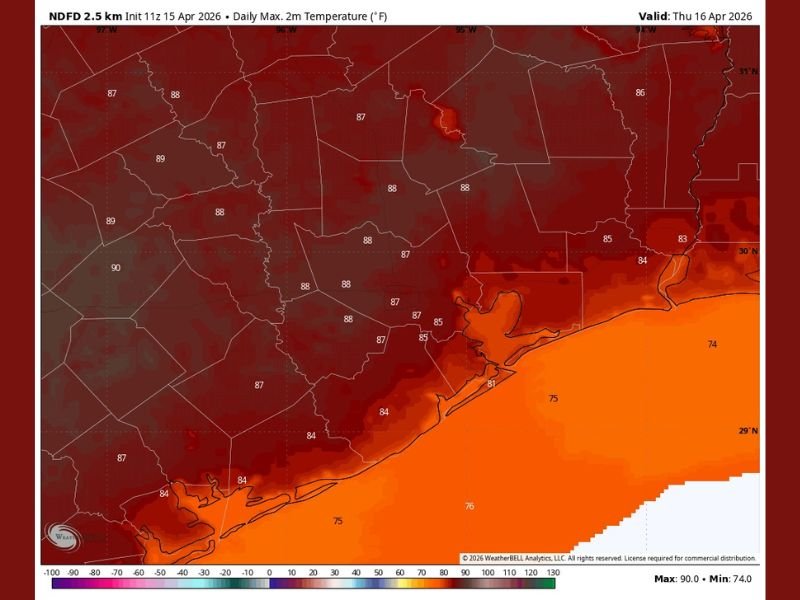 Houston and Southeast Texas Endure Four More Hot and Humid Days With Highs Near 90°F Before Cool Front Arrives Saturday Evening With Rain and Relief