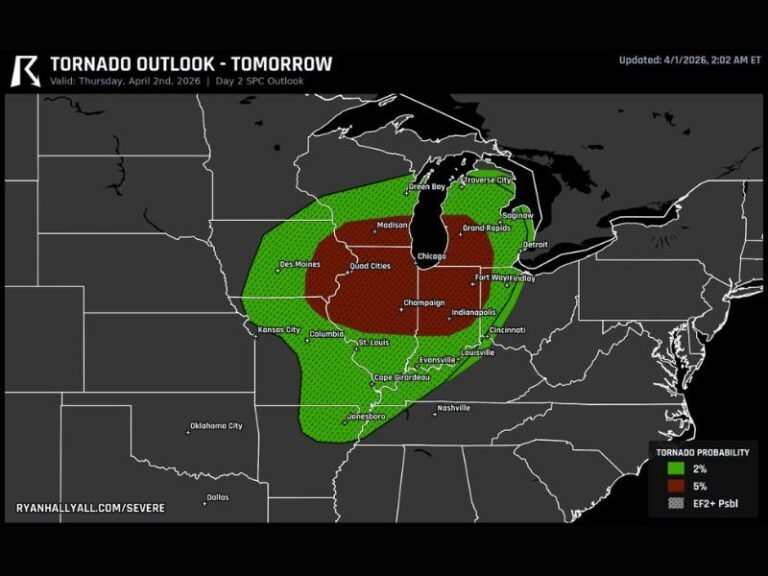 Illinois, Missouri, Iowa, Wisconsin, Indiana Face Tornado Threat Tomorrow With Fast Moving Storms and Potential Significant Tornadoes Along Cold Front