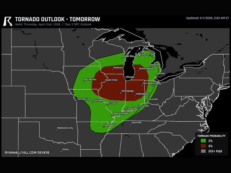 Illinois, Missouri, Iowa, Wisconsin, Indiana Face Tornado Threat Tomorrow With Fast Moving Storms and Potential Significant Tornadoes Along Cold Front