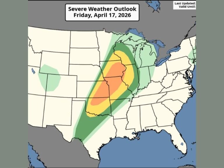 Illinois, Missouri, and Arkansas Face Major Severe Weather Outbreak Friday April 17 With Tornado Risk as Strong Cold Front Separates 90° Heat From Arctic 30s and 40s