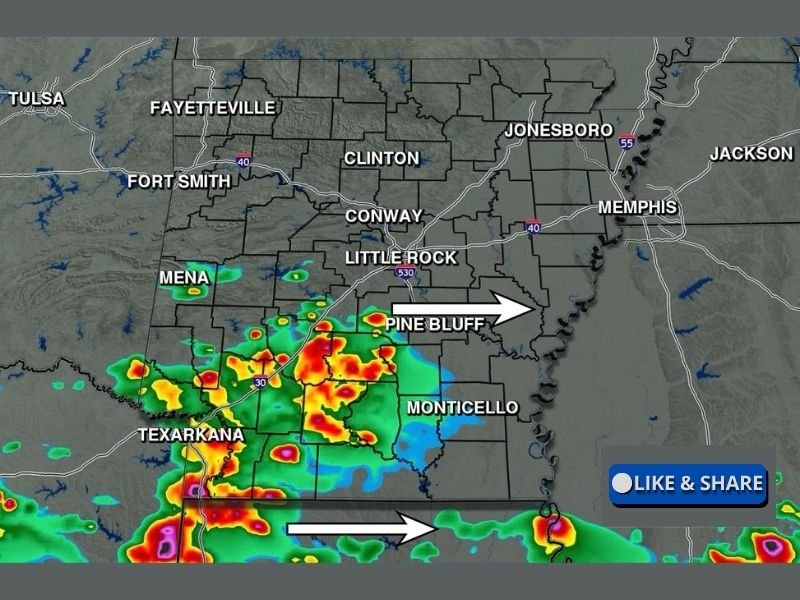 Isolated Storms With Low Hail Threat Possible Across South Arkansas Including Pine Bluff, Monticello, and Texarkana South of Little Rock This Wednesday Afternoon