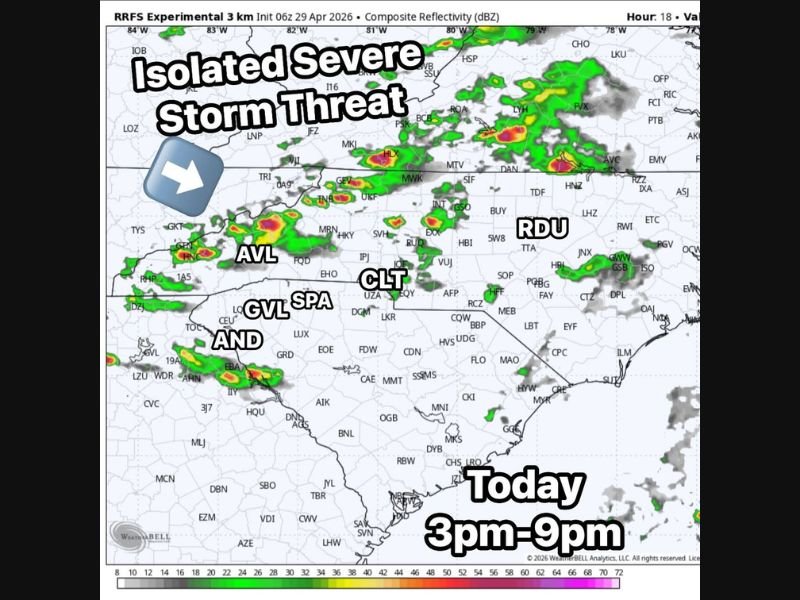 Isolated Strong to Severe Storms With Tornado Threat East of I-77 Possible Across North Carolina Including Charlotte, Raleigh, and Asheville Between 3 PM and 9 PM Today