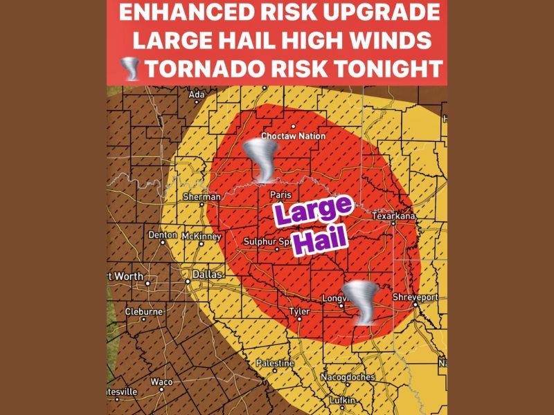 Large Hail, Damaging Winds, and Tornado Risk Targeting East Texas Including Paris, Tyler, and Texarkana Friday 5-11 PM After SPC Issues Enhanced Risk Upgrade