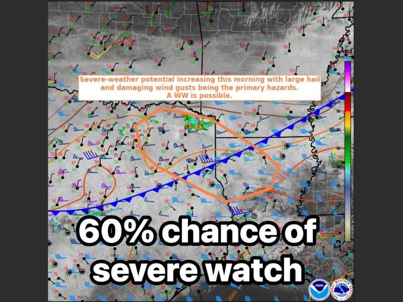 Large Hail Up to 3.5 Inches and 55 to 70 MPH Winds Threatening East Texas Including Tyler, Longview, and Greenville With 60 Percent Chance of Severe Watch Imminent