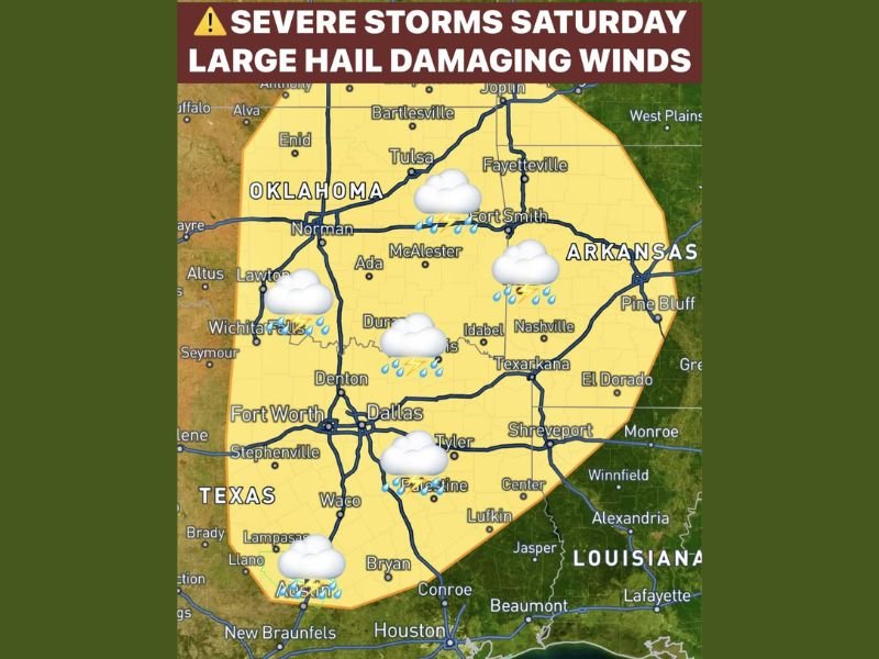 Large Hail and Damaging Winds Targeting Oklahoma, North Texas, and Arkansas Saturday Late Afternoon Into Evening as Dryline and Frontal Boundary Move In