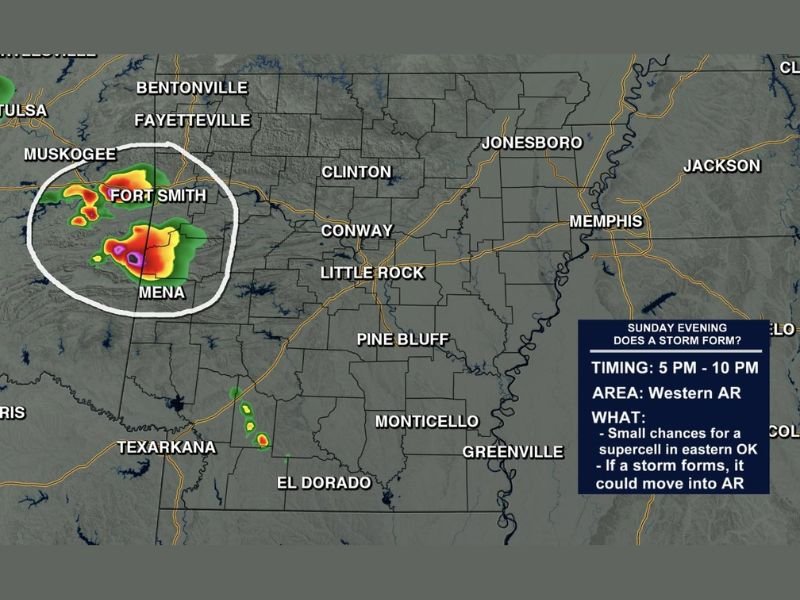 Low Probability But Dangerous Severe Weather Possible Sunday Evening Across Western Arkansas Including Fort Smith and Mena With Large Hail and Tornado Threat
