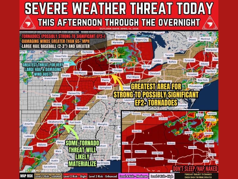 Major Severe Weather Outbreak Targets Chicago, Milwaukee, Des Moines, and Dallas This Afternoon Through Overnight With EF2+ Tornadoes, Baseball-Size Hail, and 65+ MPH Winds