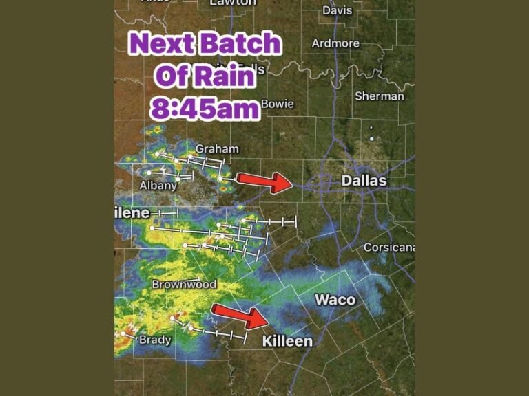 Moderate Rain and Lightning Moving Into Central and West Texas Including Dallas, Killeen, and Waco Tracking East Southeast South of I-20 This Thursday Morning