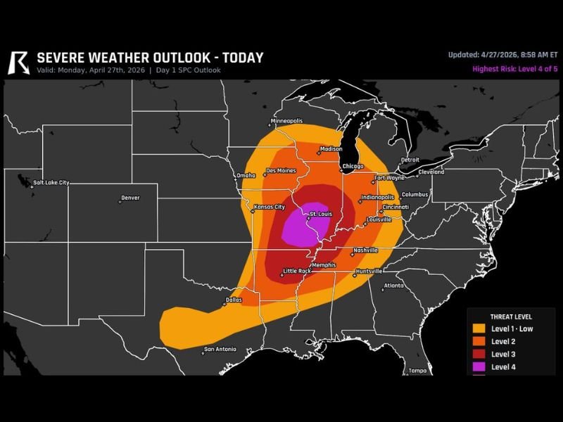 Multiple Strong Tornadoes and Widespread Wind Damage Likely Today Across Missouri and Illinois Including St. Louis and Chicago at Level 4 of 5 Risk