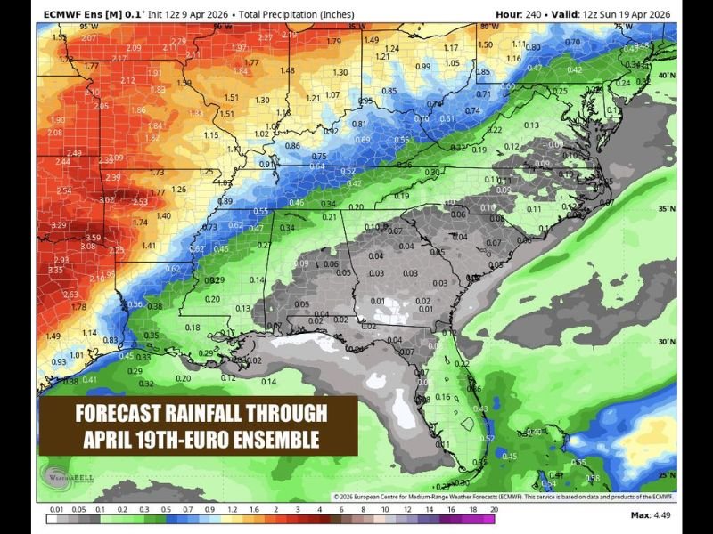 Next 10–12 Days: Alabama, Georgia, Mississippi, South Carolina Face Near-Zero Rainfall While Missouri, Kansas, Oklahoma See 2–3+ Inches