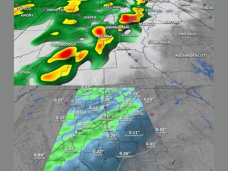 North and Central Alabama Including Birmingham and Tuscaloosa to See Weekend Rain Saturday Evening Through Sunday Morning With Totals Reaching Up to 1 Inch