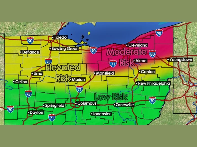 Northeast Ohio Including Cleveland and Akron Under Moderate Risk 3/5 for Severe Weather Wednesday 2–9 PM With 75 MPH Winds, Large Hail, and Tornado Threat