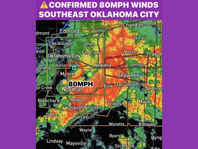 Now: Confirmed 80 MPH Winds Southeast of Oklahoma City as Multiple Tornado-Producing Storms Race Toward Shawnee and Eastern Oklahoma