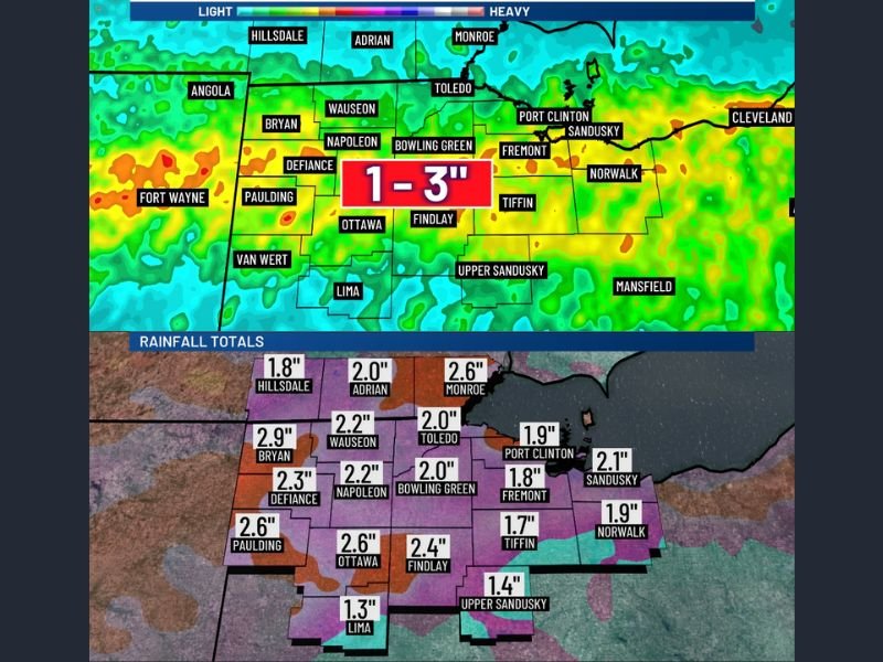 Ohio, Michigan Flood Threat Builds as 1–3 Inches of Rain Triggers Rising Water Across Toledo, Findlay, Fremont and Nearby Areas