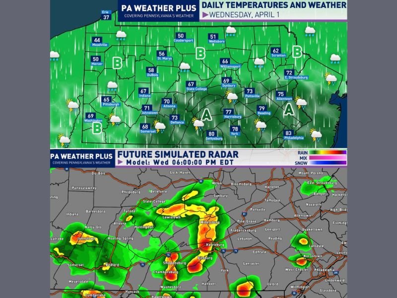 Pennsylvania Sees Sharp Temperature Split From 30s in Erie to 80s in Philadelphia With Cold Front Triggering Showers and Strong Storms Near Harrisburg