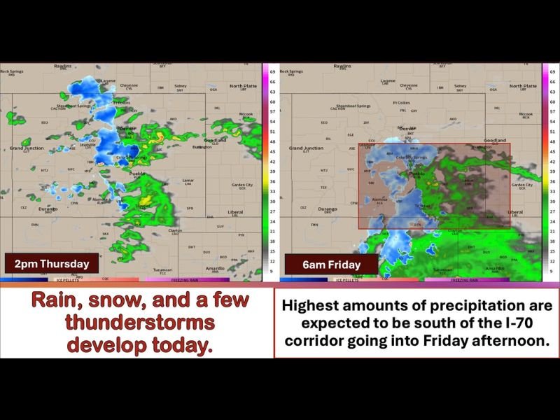 Rain, Mountain Snow Up to 12 Inches Above 8000 Feet, and Thunderstorms Targeting Colorado Including Colorado Springs, Pueblo, and the Palmer Divide From Thursday Noon Through Friday