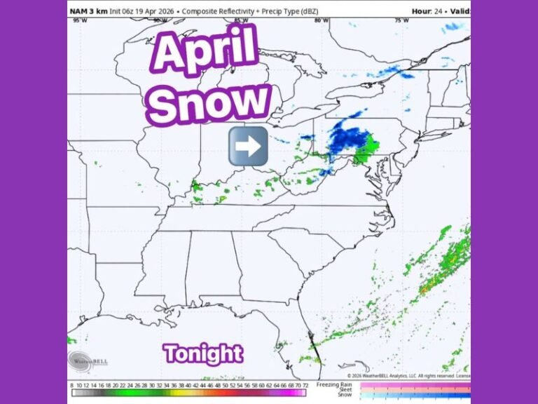 Rare April Snow Breaking Out Behind Cold Front Across West Virginia, Ohio, Pennsylvania, and New York Tonight in Uncommon Late Season Event