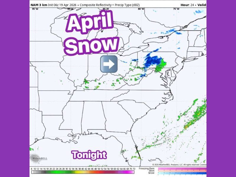 Rare April Snow Breaking Out Behind Cold Front Across West Virginia, Ohio, Pennsylvania, and New York Tonight in Uncommon Late Season Event