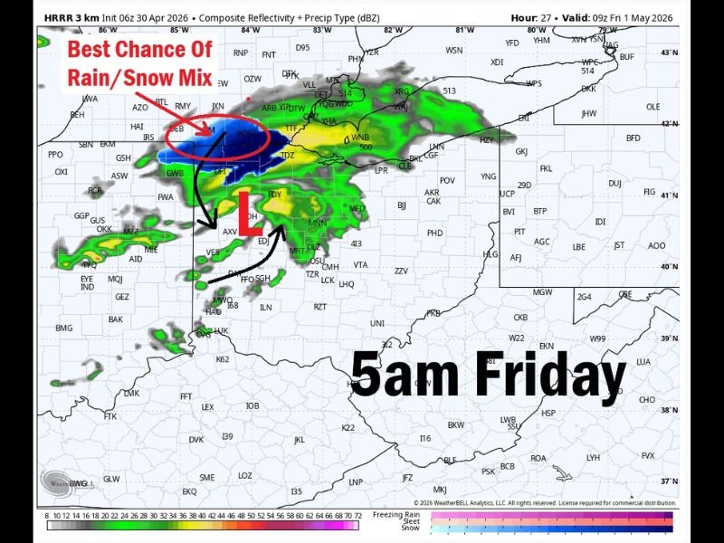 Rare May Snow Mix and Heavy Rain Targeting Iowa and Northern Missouri Including Des Moines and Omaha Early Friday Morning as Intensifying Storm System Arrives Tonight