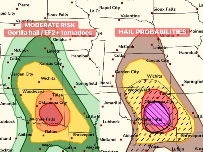 SPC Issues Moderate Risk With Gorilla Hail and EF2+ Tornado Potential Across Central and Eastern Oklahoma Including Oklahoma City and Tulsa