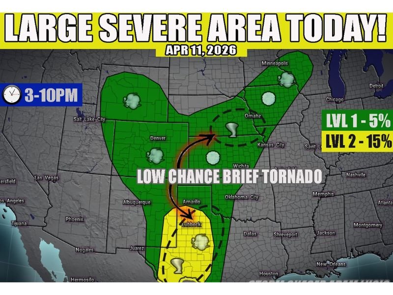 Saturday: Large Severe Weather Area Active From Wisconsin and Wyoming to Texas Between 3–10 PM With Hail, Gusty Winds, and a Low-Chance Brief Tornado Possible