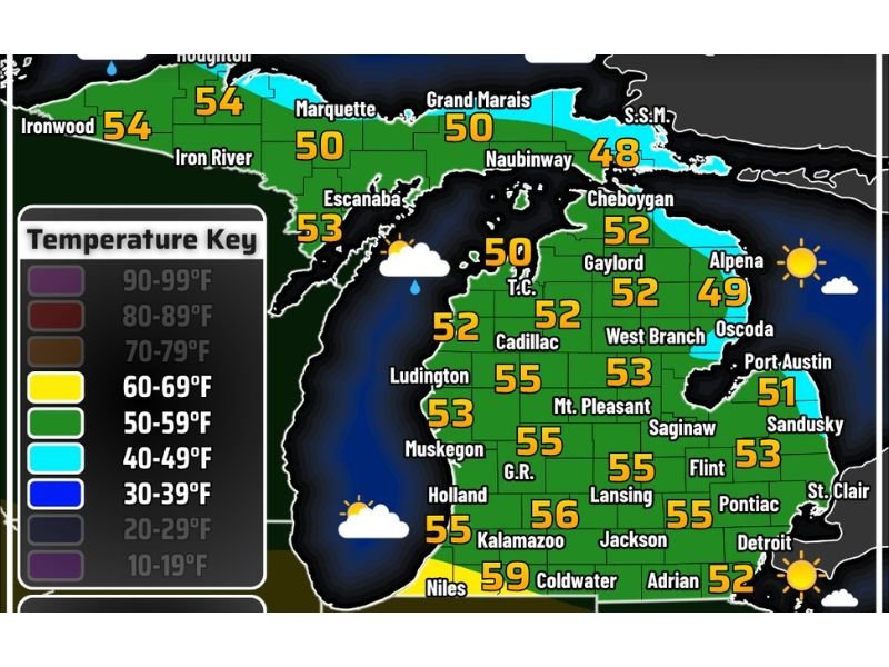 Saturday: Sunny Start Gives Way to Clouds and Overnight Rain and Temperatures Reaching the Mid-to-Upper 50s With Some Southern Michigan Spots Pushing 60°F