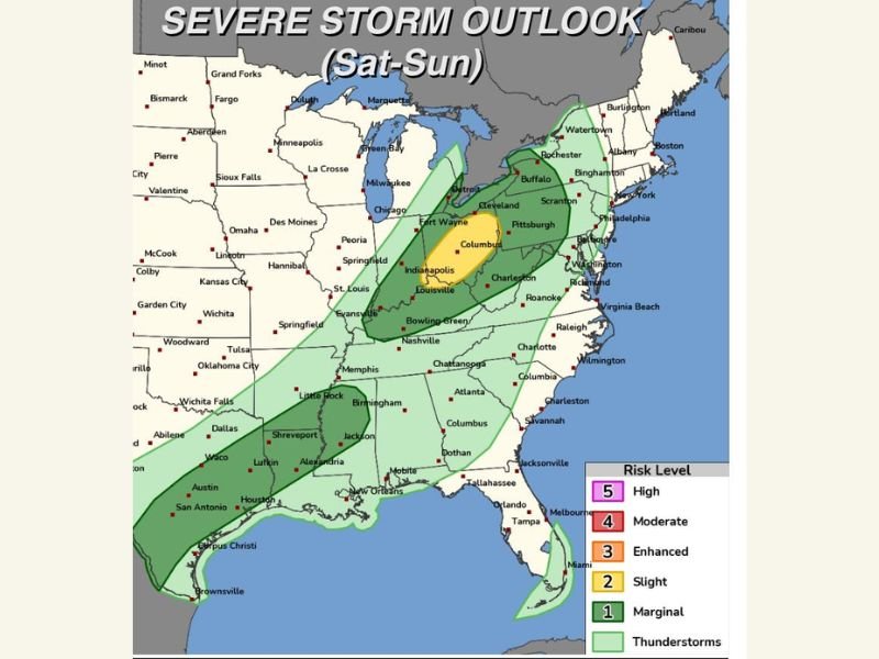 Saturday to Sunday: Storm Chances Spread Across Texas, Louisiana, Mississippi, Alabama, Tennessee, Kentucky, Indiana, Ohio, Pennsylvania and New York With No Severe Threat Expected
